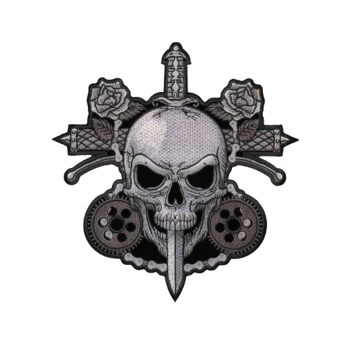 Skull Roses embroidered patch shown in an actual product photo