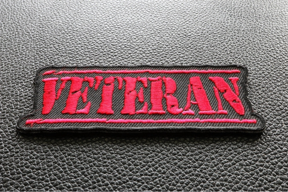 Veteran Patch - Red Military Style Iron-On Embroidered Badge ( 3.5 x 1.5 inches )
