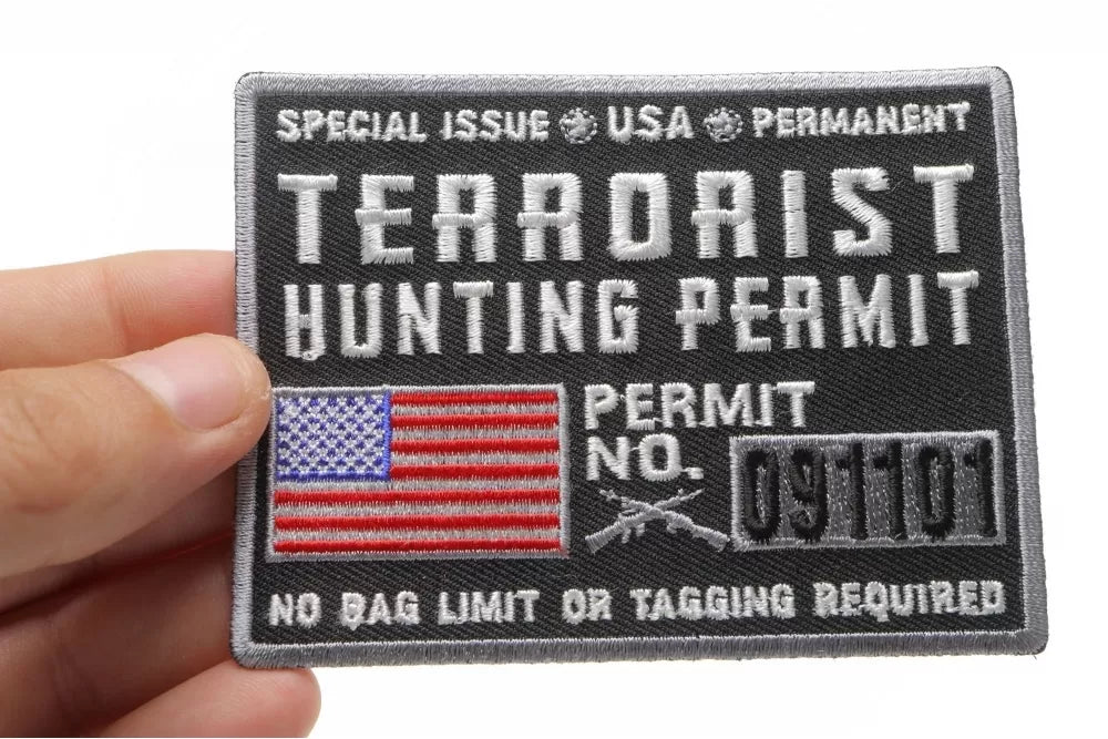 Terrorist Hunting Permit Embroidered Patch shown for scale