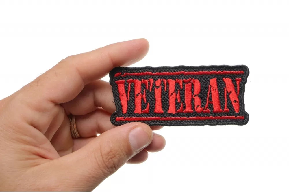 Veteran Patch - Red Military Style Iron-On Embroidered Badge ( 3.5 x 1.5 inches )