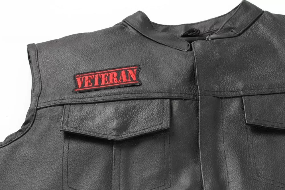 Veteran Patch - Red Military Style Iron-On Embroidered Badge ( 3.5 x 1.5 inches )