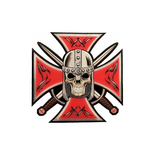Red Maltese Cross Skull Embroidered Patch product image 1