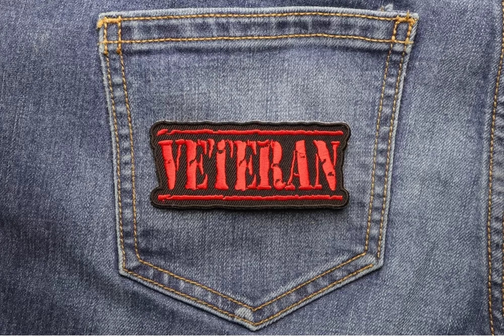 Veteran Patch - Red Military Style Iron-On Embroidered Badge ( 3.5 x 1.5 inches )