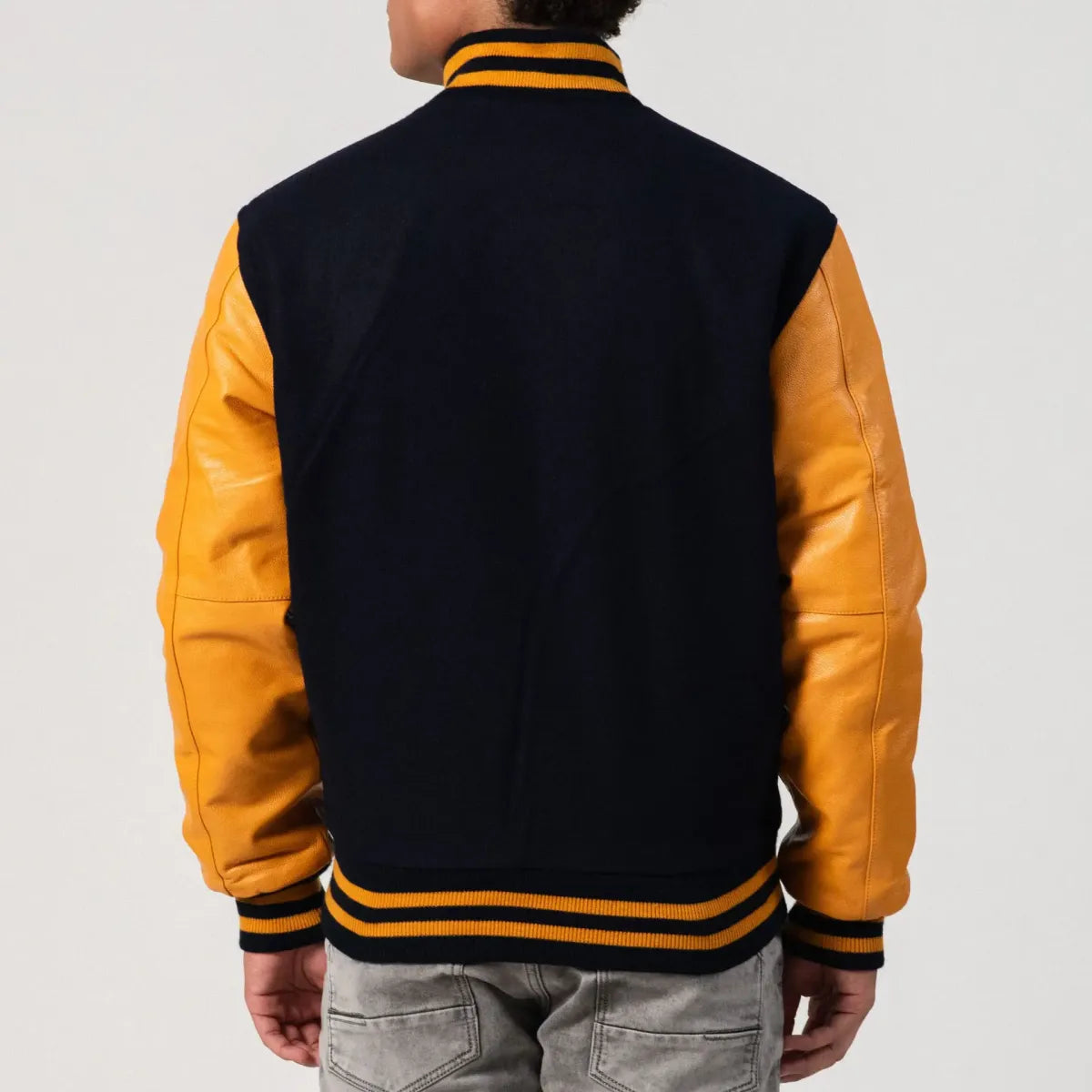 Black Wool Body & Bright Gold Leather Sleeves Letterman Jacket