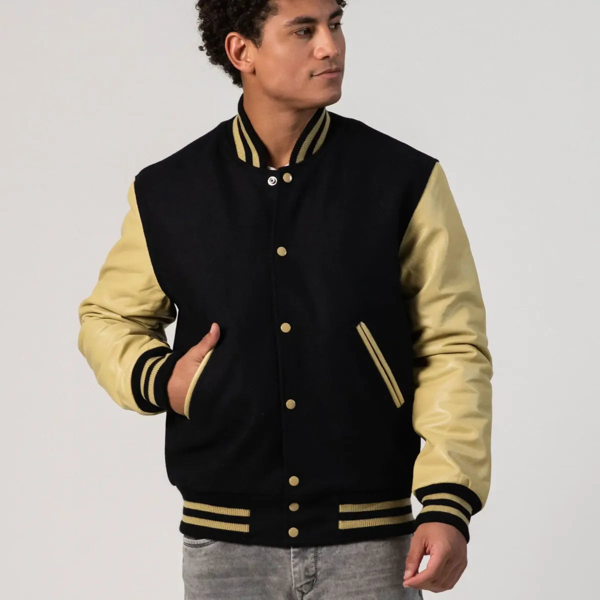 Black Wool Body & Vegas Gold Leather Sleeves Letterman Jacket