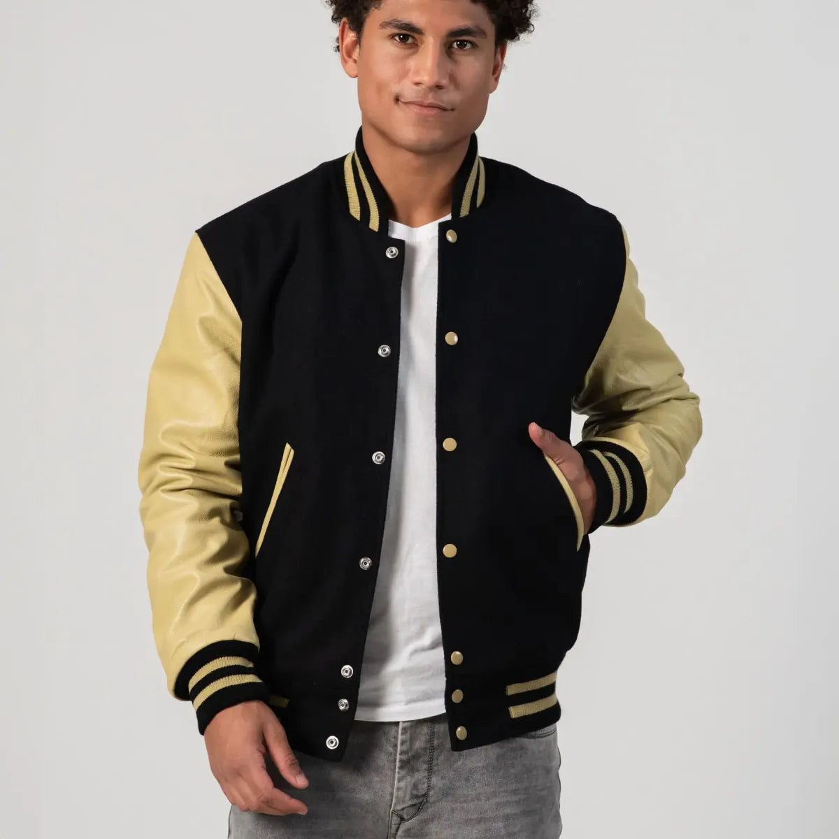 Black Wool Body & Vegas Gold Leather Sleeves Letterman Jacket