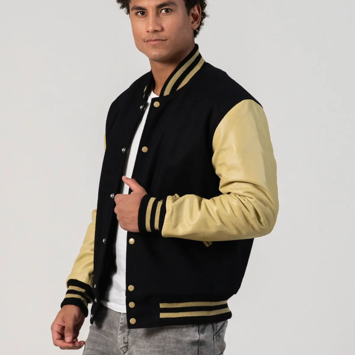 Black Wool Body & Vegas Gold Leather Sleeves Letterman Jacket