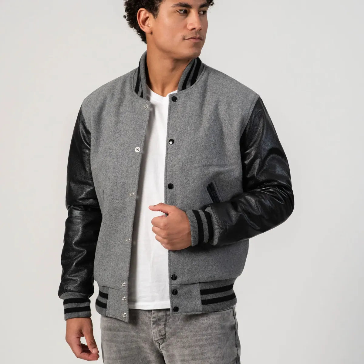 Light Oxford Wool Body & Black Leather Sleeves Letterman Jacket