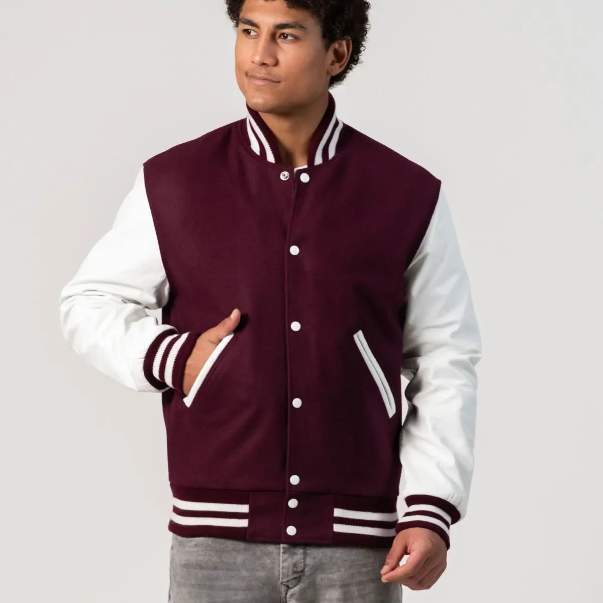 Maroon Wool Body & Bright White Leather Sleeves Letterman Jacket