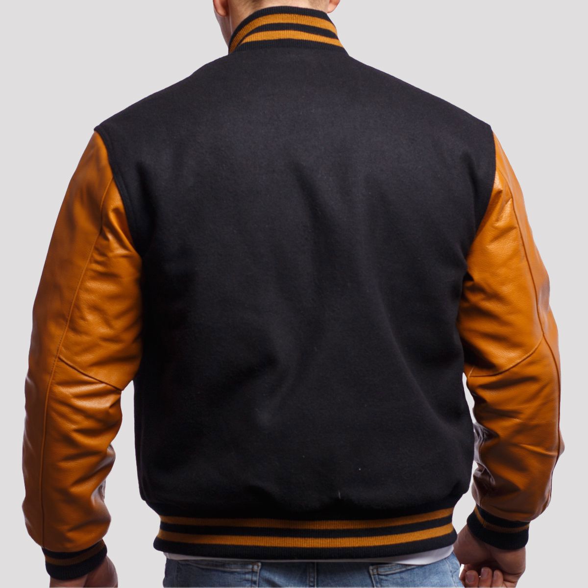 Black Wool Body & Old Gold Leather Sleeves Letterman Jacket