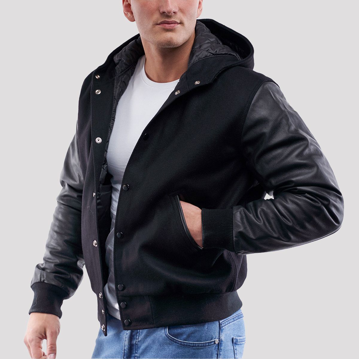 Black Wool Body & Black Leather Sleeves Hoodie Letterman Jacket