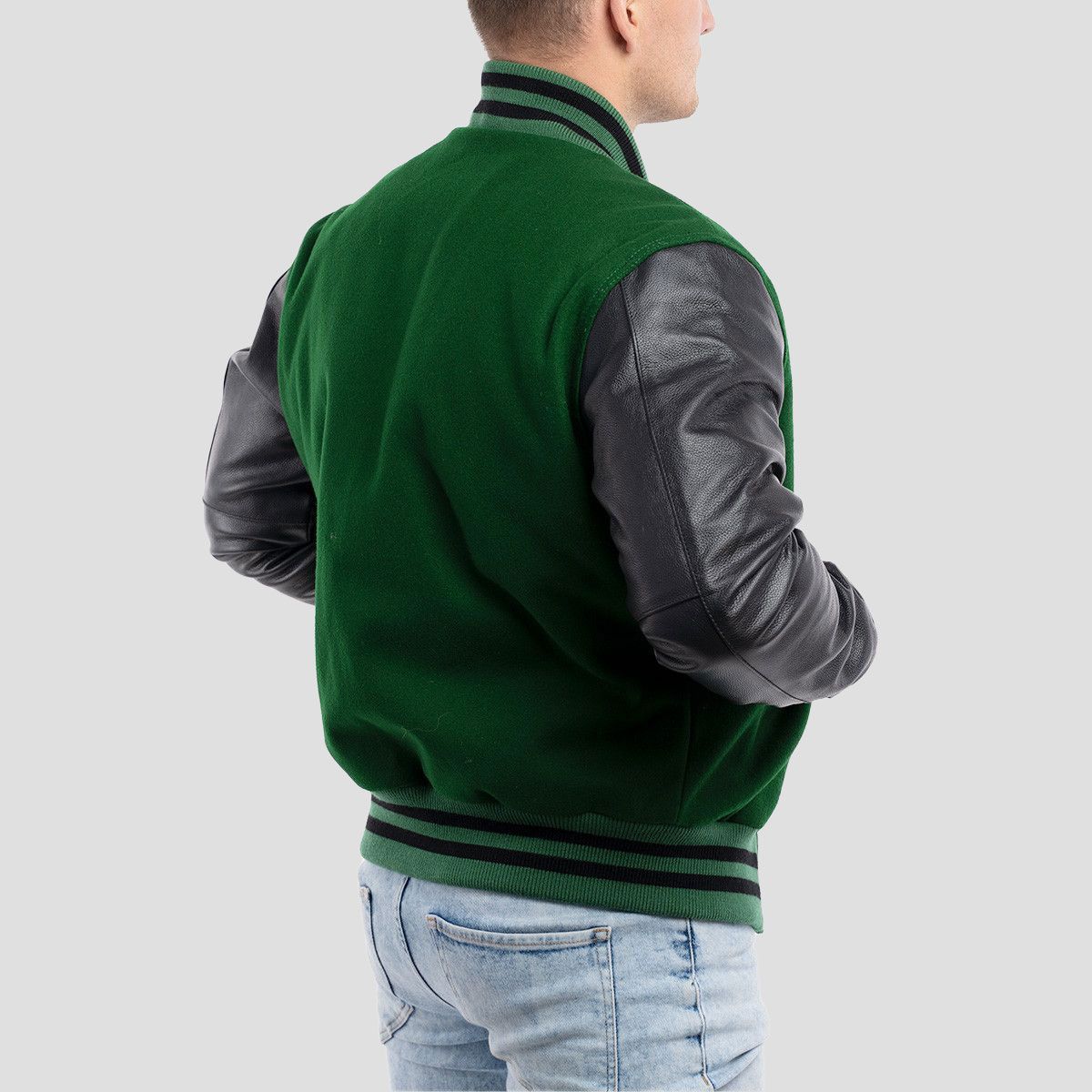 Green Wool Body & Black Leather Sleeves Letterman Jacket