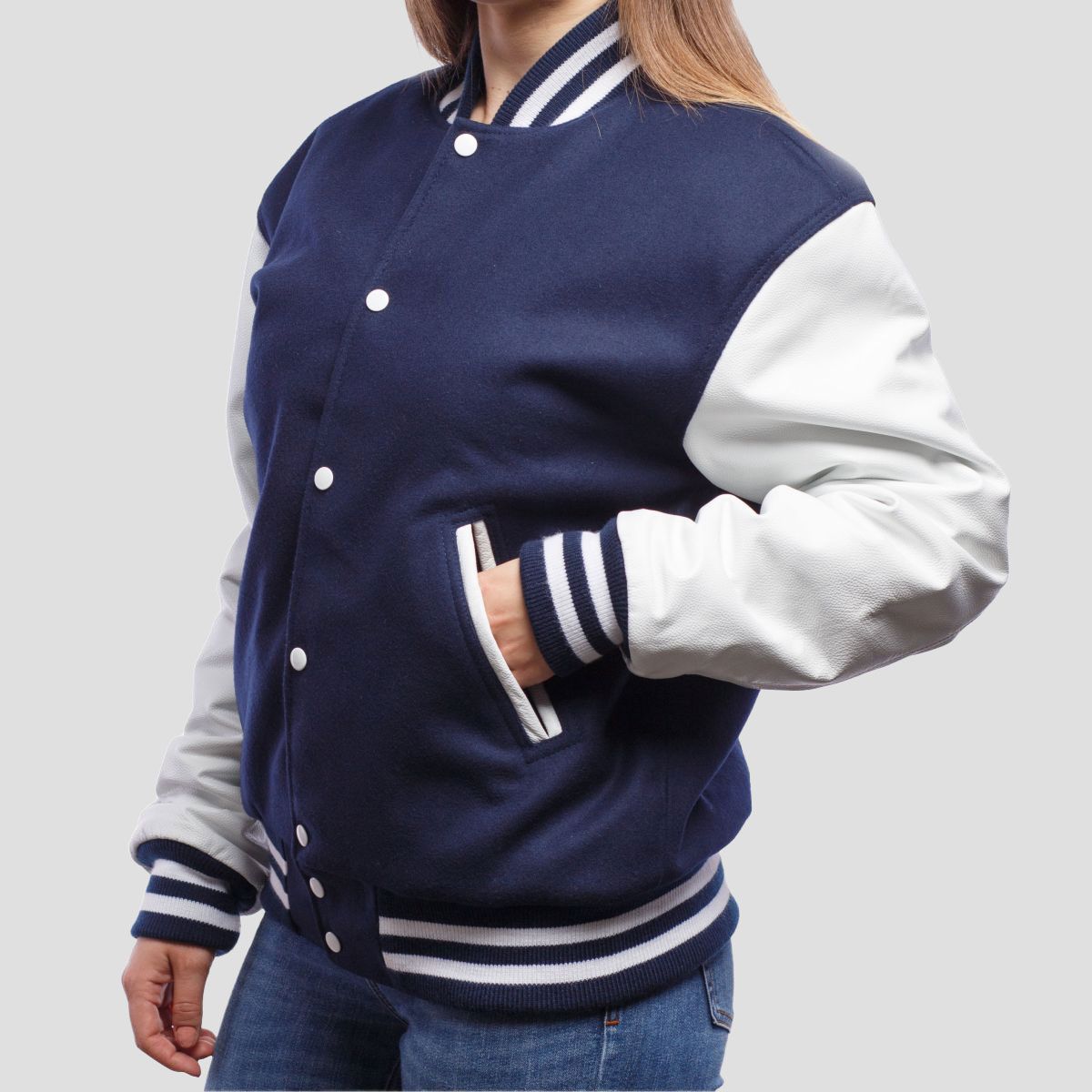 Royal Blue Wool Body & Bright White Leather Sleeves Letterman Jacket for Women