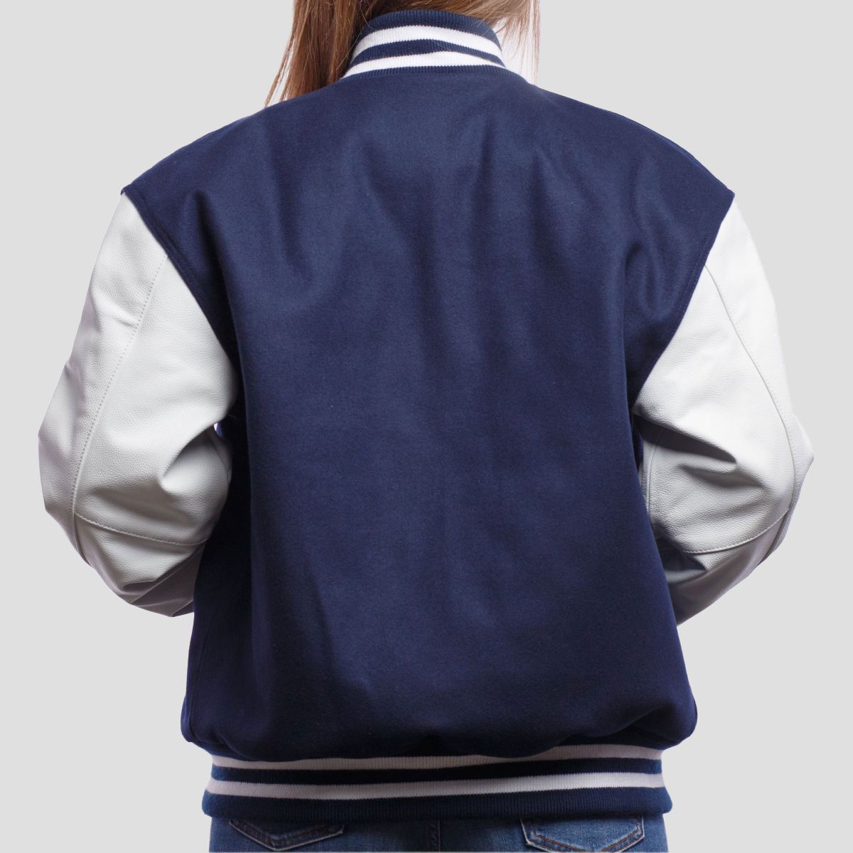 Royal Blue Wool Body & Bright White Leather Sleeves Letterman Jacket for Women