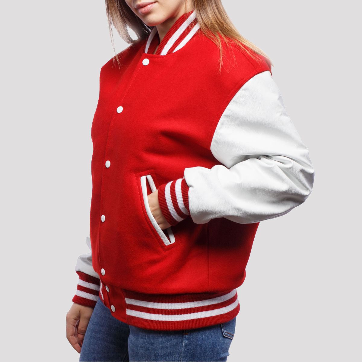 Scarlet Red Wool Body & Bright White Leather Sleeves Letterman Jacket