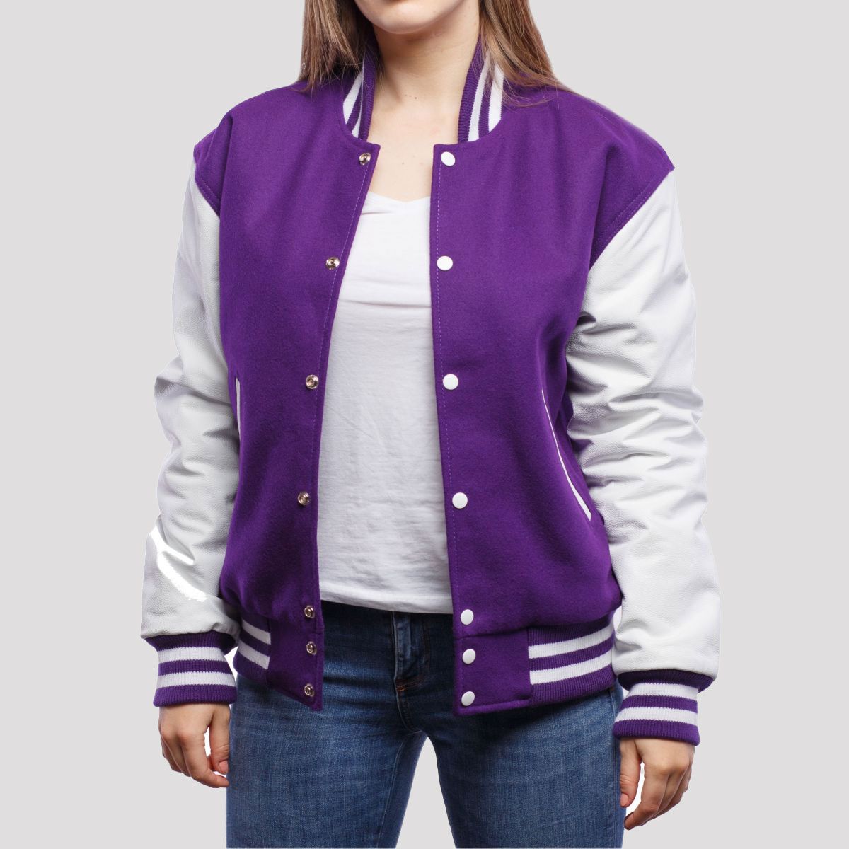 Purple Wool Body & Bright White Leather Sleeves Letterman Jacket