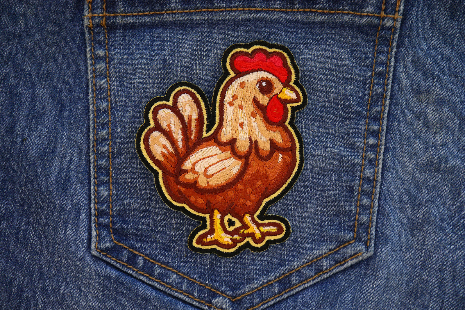 Cute Chicken Embroidered Patch shown for scale
