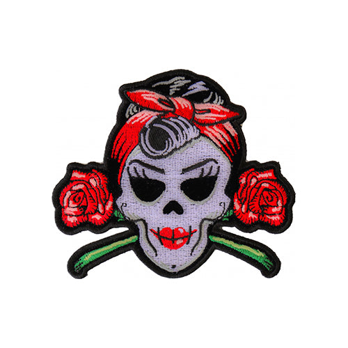 Rockabilly Lady Skull and Roses Embroidery Patch - Bold & Unique Patch ( 4 x 3 inches )