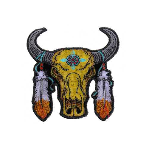 Small Buffalo Head Feathers Patch – Embroidered Iron-On Patch ( 3.5 x 3.5 inches )