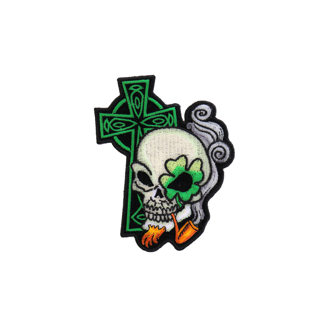 Irish Skull Cross Patch - Smoking Pipe Christian Patch Detail for a Unique Edge (  3 x 3 inches )