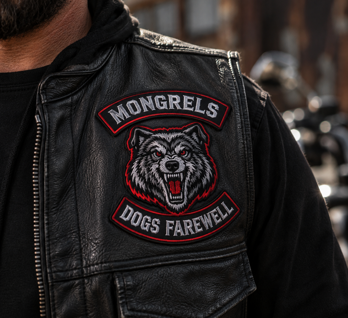 Mongrels Dogs Farewell embroidered patch shown on front biker vest placement