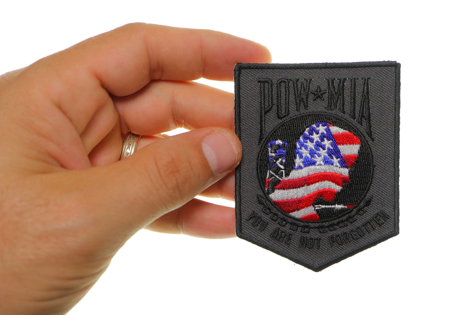 American Flag POW MIA Embroidered Patch shown for scale