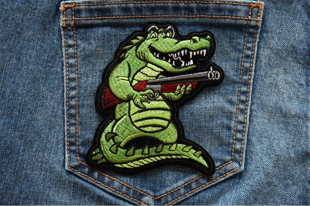 Alligator Shotgun Patch – Unique Animal Embroidered Patch ( 3.2 x 4 inches )