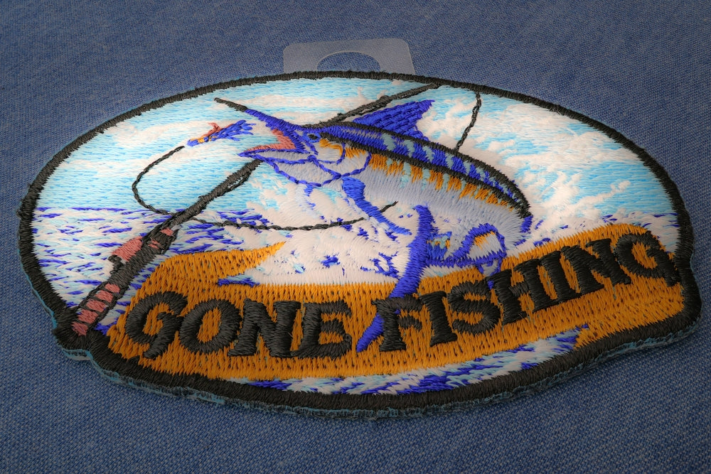 Marlin Gone Fishing Embroidered Patch apparel application view