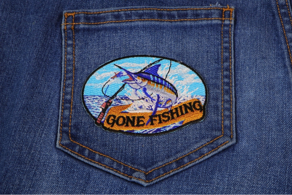 Marlin Gone Fishing Small Embroidery Patch – A Vibrant Embroidered Accessory ( 3.5 x 4 inche )