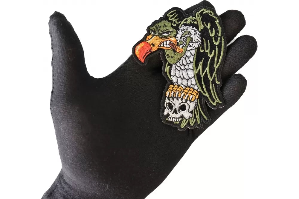 Vulture on Skull Embroidered Patch shown for scale