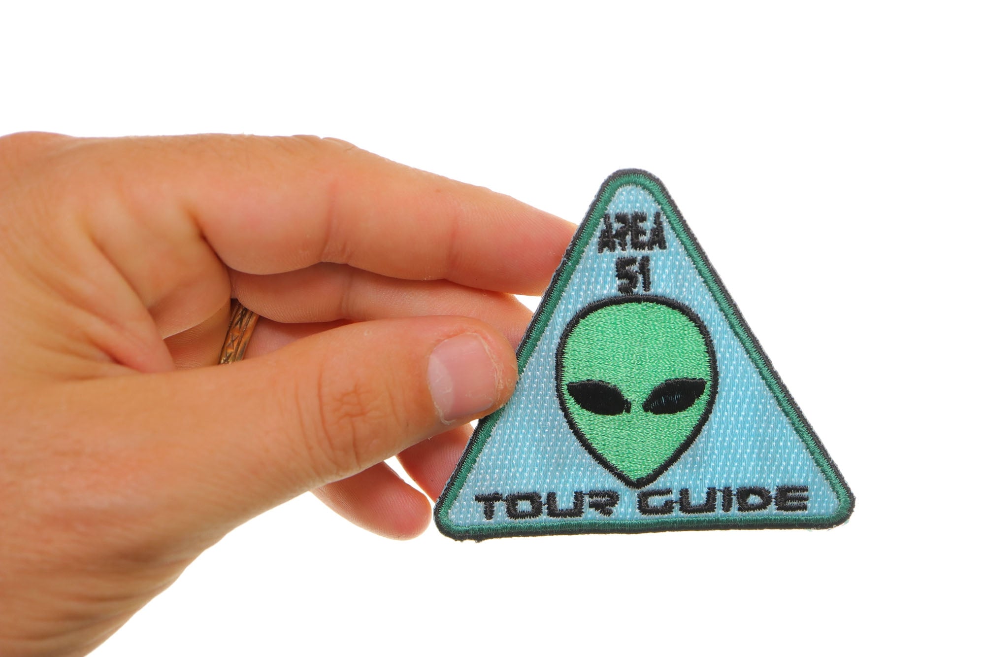 Area 51 Tour Guide Funny Alien Head Iron-On Patch (  3.5 x 3.5 inches )