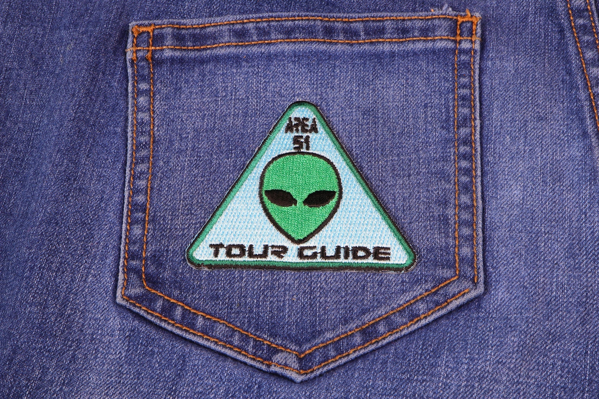 Area 51 Tour Guide Funny Alien Head Iron-On Patch (  3.5 x 3.5 inches )