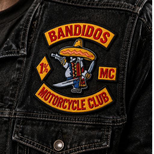 Bandidos embroidered patch set shown on front biker apparel placement