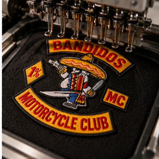 Bandidos embroidered patch set shown during embroidery machine production