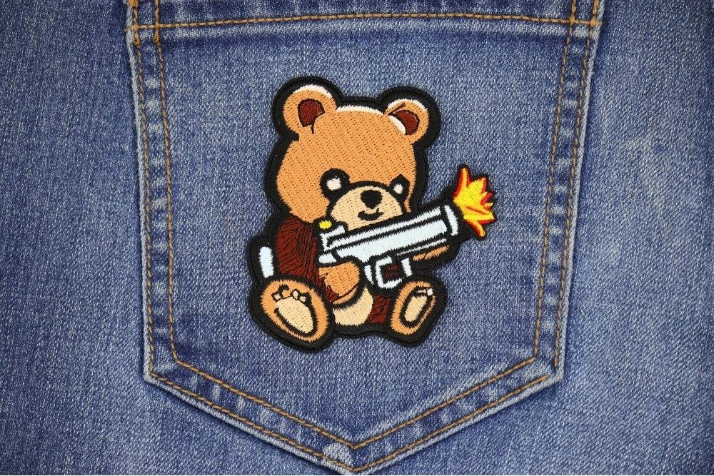 Adorable Bear Armed Unique Machine Gun Patch for Apparel ( 3 x 3 inches )