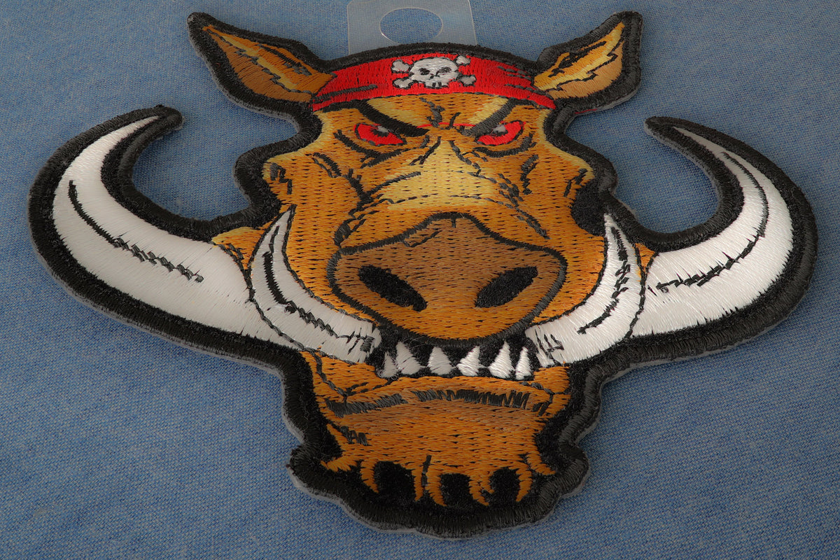 Wild Hog Embroidered Patch shown for scale