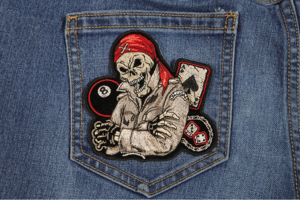 Biker Skull Dice, 8 Ball, and Ace of Spades Patch – Embroidered Iron-On Patch ( 4x4 inches )