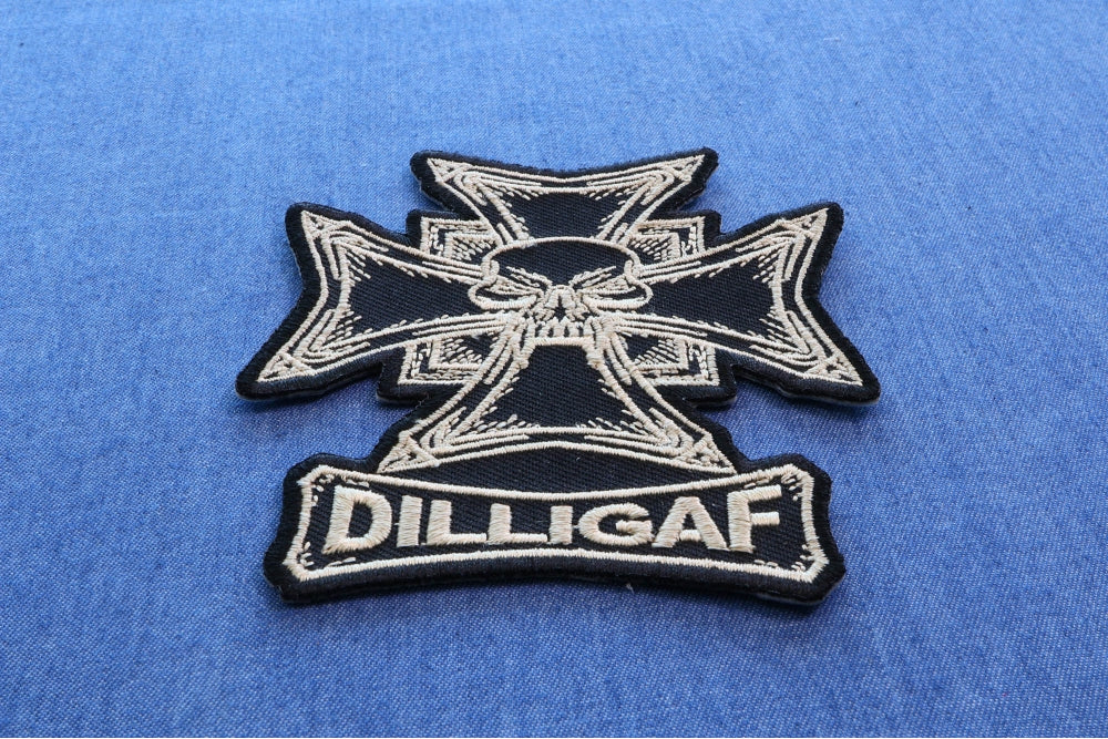 Dilligaf Skull and Cross Patch – Embroidered Iron-On Patch ( 4 x4 inches )