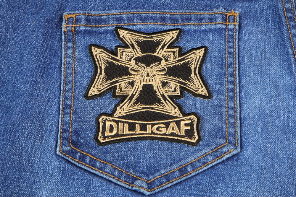 Dilligaf Skull and Cross Patch – Embroidered Iron-On Patch ( 4 x4 inches )