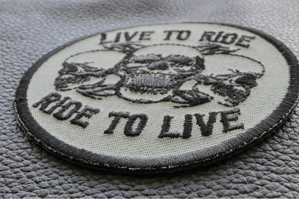 Live to Ride Three Skulls Embroidered Patch actual product photo 3