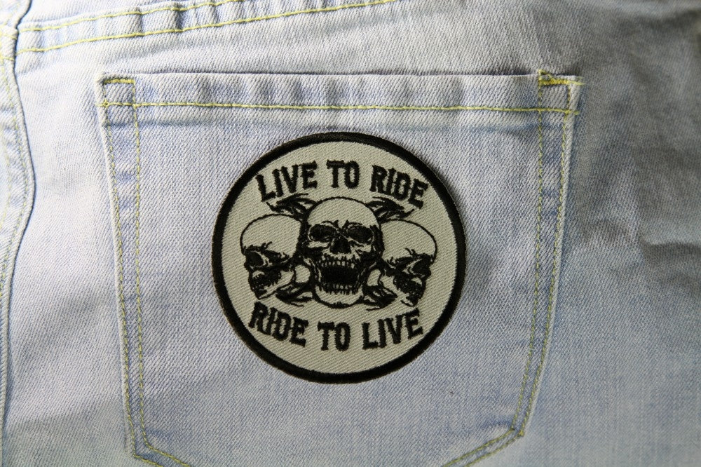 Live to Ride Three Skulls Embroidered Patch actual product photo 4