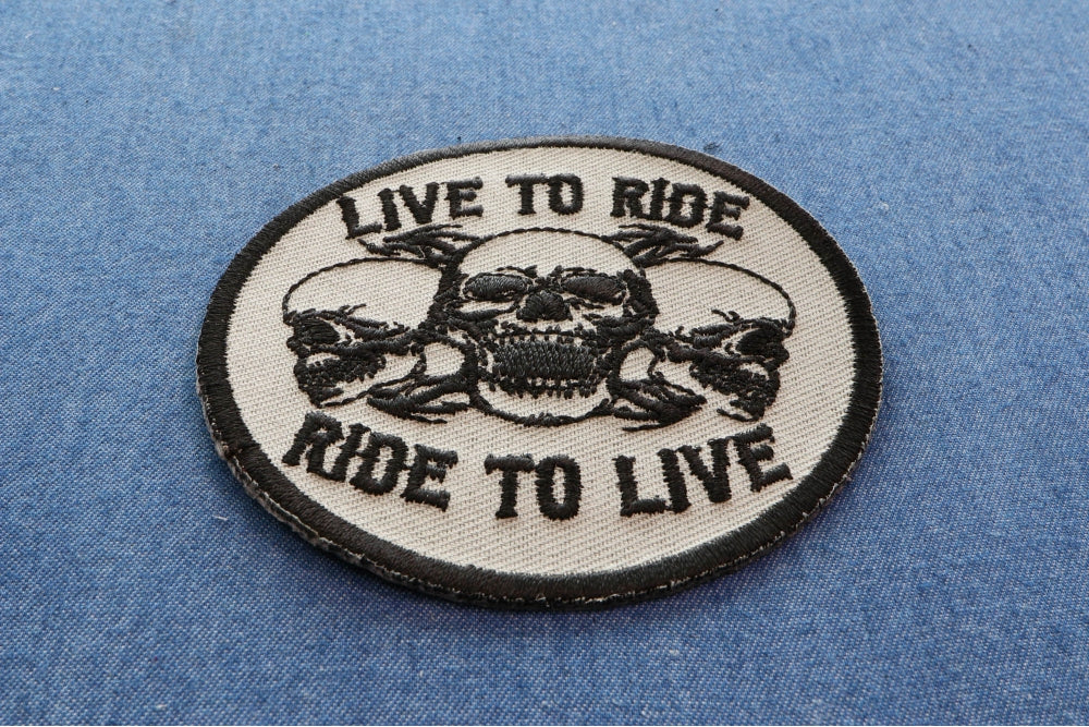 Live to Ride Three Skulls Embroidered Patch actual product photo 5