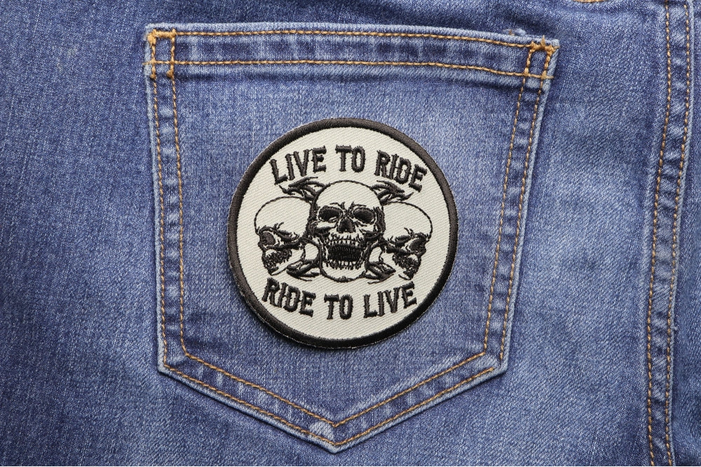 Live to Ride Three Skulls Embroidered Patch actual product photo 7