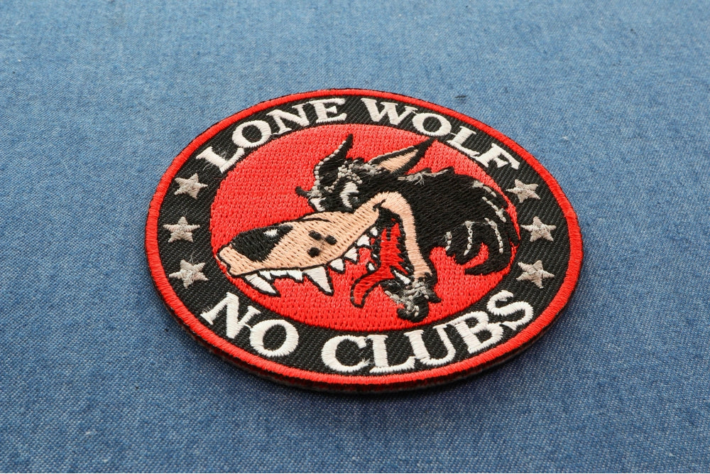 Lone Wolf No Clubs Biker Patch - 3 Inch Embroidered, Bold and Fearless Patch ( 3 x 3 inches )