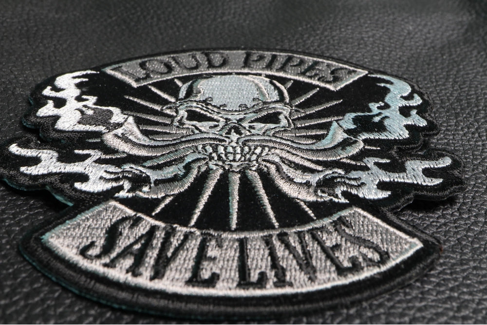 Loud Pipes Save Lives Skull and Pipes Patch – Embroidered Patch ( 3 x 4 inches )