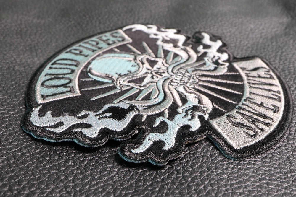 Loud Pipes Save Lives Skull and Pipes Patch – Embroidered Patch ( 3 x 4 inches )