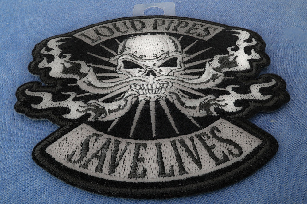 Loud Pipes Save Lives Skull and Pipes Patch – Embroidered Patch ( 3 x 4 inches )