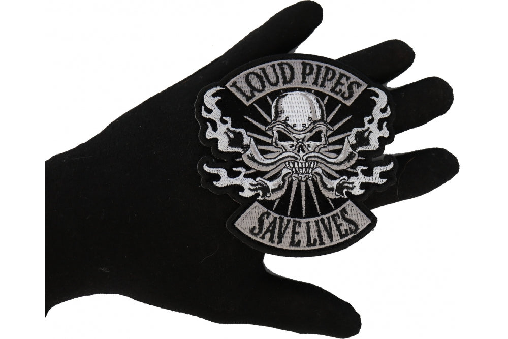 Loud Pipes Save Lives Skull and Pipes Patch – Embroidered Patch ( 3 x 4 inches )