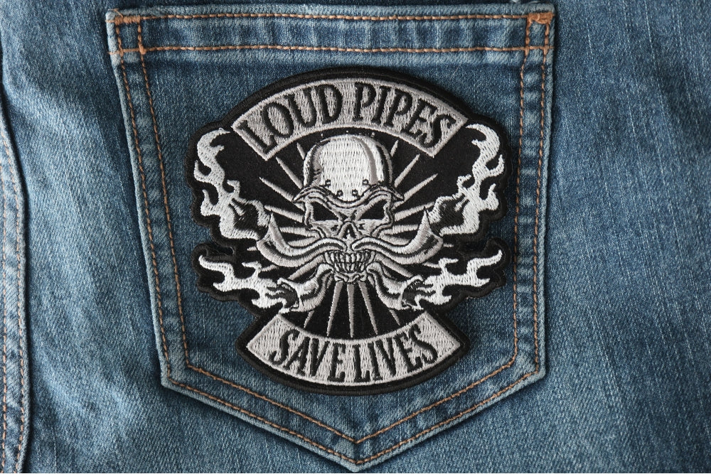 Loud Pipes Save Lives Skull and Pipes Patch – Embroidered Patch ( 3 x 4 inches )