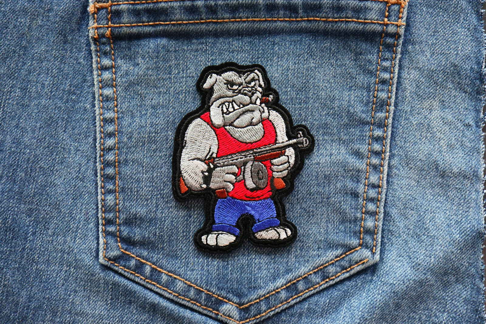 Bulldog Machine Gun Embroidered Patch reverse and construction view